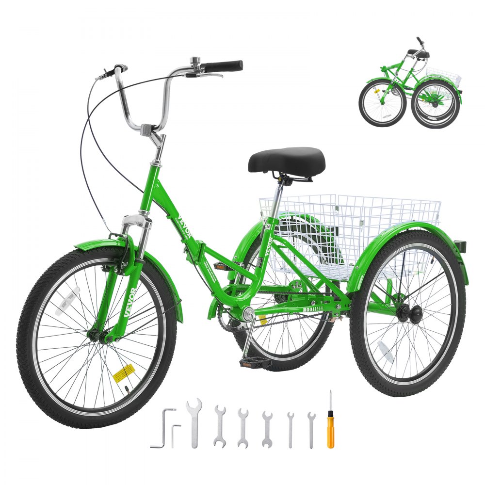 VEVOR Folding Adult Tricycle, 20-Inch Adult Folding Trikes, Carbon Steel 3 Wheel Cruiser Bike with Large Basket & Adjustable Seat, Shopping Picnic Foldable Tricycles for Women, Men, Seniors (Green) - ZDKRLSLCLS20VC67EV0