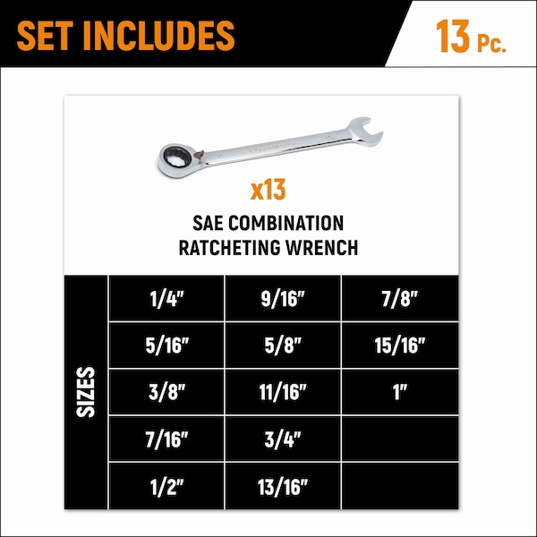 Gearwrench 13 Piece 72-Tooth 12 Point Ratcheting Combination SAE Wrench Set - 9312