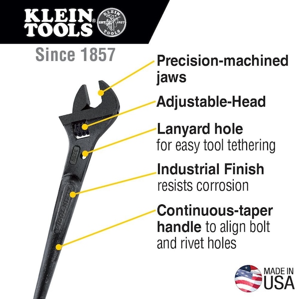 Klein Tools Adjustable Spud Wrench, Alloy Steel, 16 in Overall Length, 1-1/2 in Head, Black Oxide - 3239