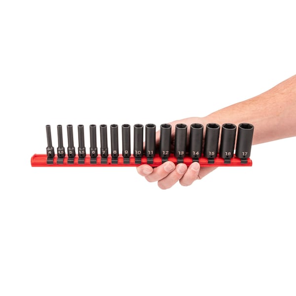 Tekton 1/4'' Drive Deep 6-Point Impact Socket Set with Rail, 16-Piece, 4-17 mm - SID90103