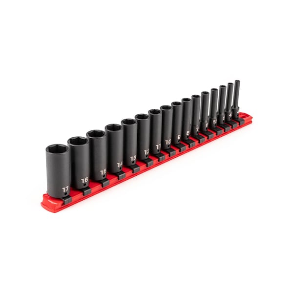 Tekton 1/4'' Drive Deep 6-Point Impact Socket Set with Rail, 16-Piece, 4-17 mm - SID90103