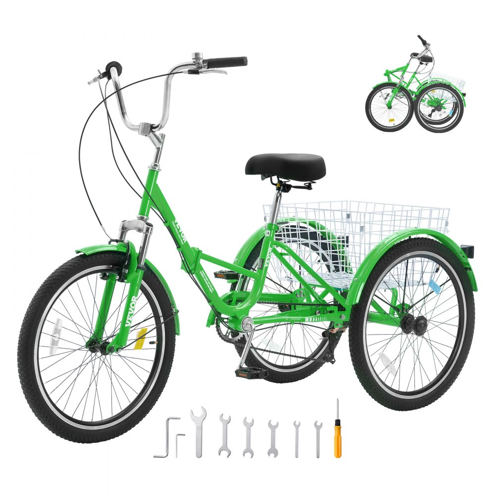 VEVOR Folding Adult Tricycle, 26-Inch 7-Speed Adult Folding Trikes, Carbon Steel 3 Wheel Cruiser Bike with Basket & Adjustable Seat, Shopping Picnic Foldable Tricycles for Women, Men, Seniors (Green) - ZDKRLSLCLS26T5O4OV0