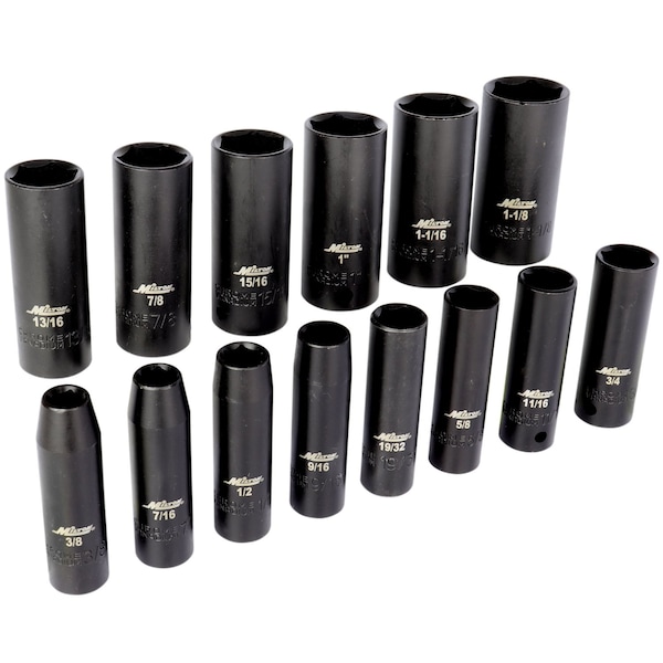 Milton 1/2 in. Drive Deep 6-Point Impact Socket Set, 3/8 in.- 1-1/8 in. SAE, Black Oxide Finish 14-Piece - 1300-SS-04