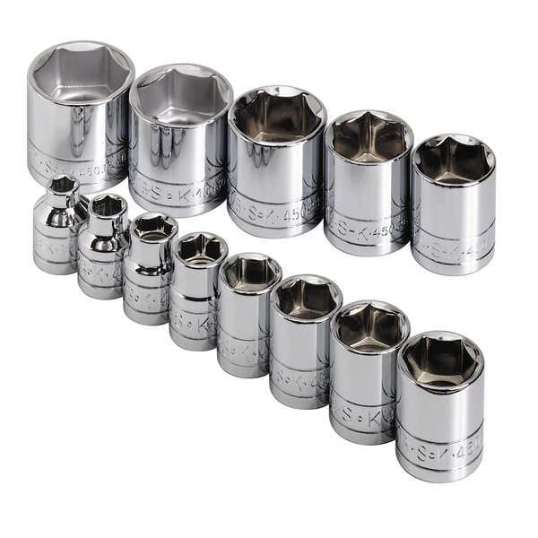 Sk Professional Tools 3/8" Drive Socket Set SAE 13 Pieces 1/4 in to 1 in , Chrome, Socket Set, Range 1/4 to 1in, 6-Point, SAE - 4613