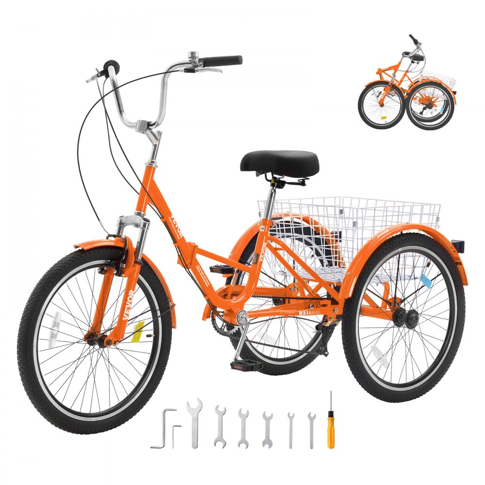 VEVOR Folding Adult Tricycle, 24-Inch 7-Speed Adult Folding Trikes, Carbon Steel 3 Wheel Cruiser Bike with Basket & Adjustable Seat, Shopping Picnic Foldable Tricycles for Women, Men, Seniors (Orange) - ZDKRLSLCHS249LRX1V0
