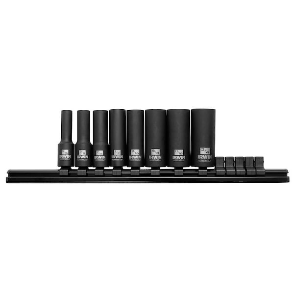 Irwin Impact Socket Rail Set, 38 in Drive, Square Drive, 6Point, Molybdenum Steel, Black Oxide - 1877481
