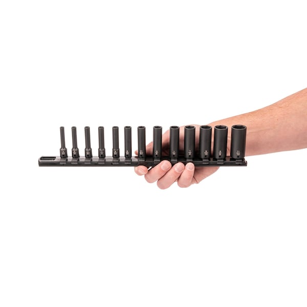 Tekton 1/4'' Drive Deep 6-Point Impact Socket Set with Rail, 13-Piece, 5/32-11/16'' - SID90101