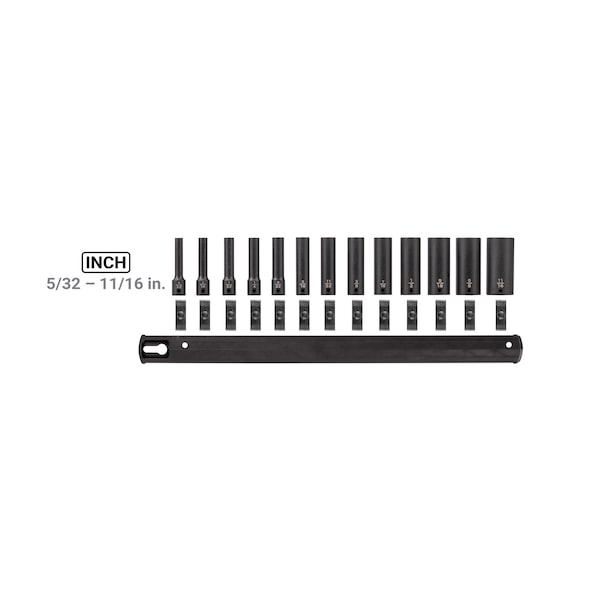 Tekton 1/4'' Drive Deep 6-Point Impact Socket Set with Rail, 13-Piece, 5/32-11/16'' - SID90101
