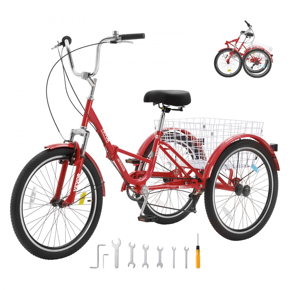 VEVOR Folding Adult Tricycle, 26-Inch 7-Speed Adult Folding Trikes, Carbon Steel 3 Wheel Cruiser Bike with Basket & Adjustable Seat, Shopping Picnic Foldable Tricycles for Women, Men, Seniors (Red) - ZDKRLSLCHS26XLS5EV0