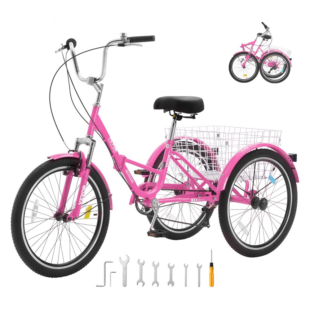 VEVOR Folding Adult Tricycle, 24-Inch 7-Speed Adult Folding Trikes, Carbon Steel 3 Wheel Cruiser Bike with Basket & Adjustable Seat, Shopping Picnic Foldable Tricycles for Women, Men, Seniors (Pink) - ZDKRLSLCFS2427E9NV0