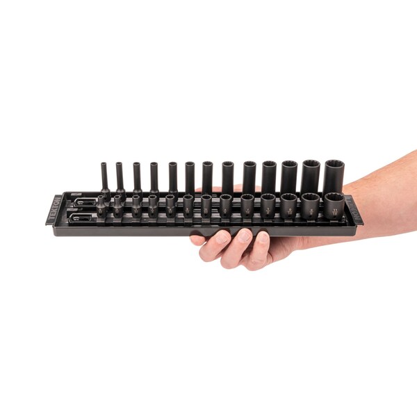Tekton 1/4'' Drive 12-Point Impact Socket Set with Rails and Tray, 26-Piece, 5/32-11/16'' - SID90203