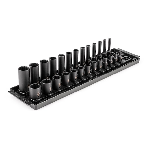 Tekton 1/4'' Drive 12-Point Impact Socket Set with Rails and Tray, 26-Piece, 5/32-11/16'' - SID90203