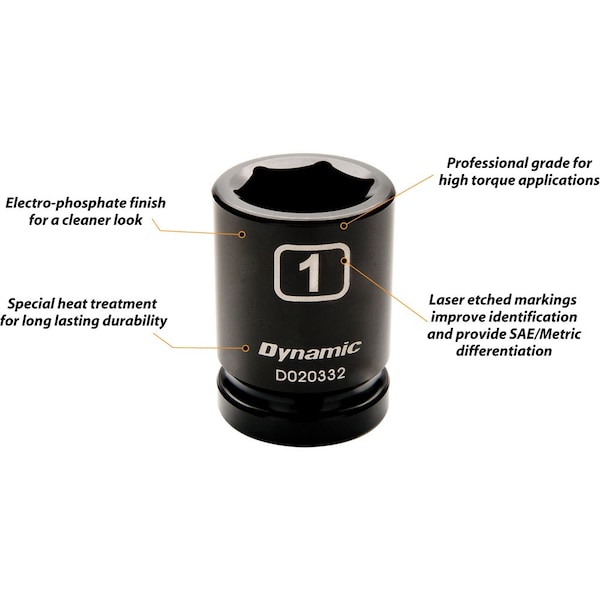 Dynamic 3/4" Drive Standard Socket, Black Phosphate, Tools 3/4" Drive 6 Point SAE, 2-3/16" Standard Length - D020370