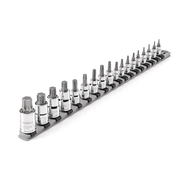 Tekton 1/4, 3/8, 1/2 Inch Drive Torx Bit Socket Set with Rail, 18-Piece T6-T80 - SHB99103