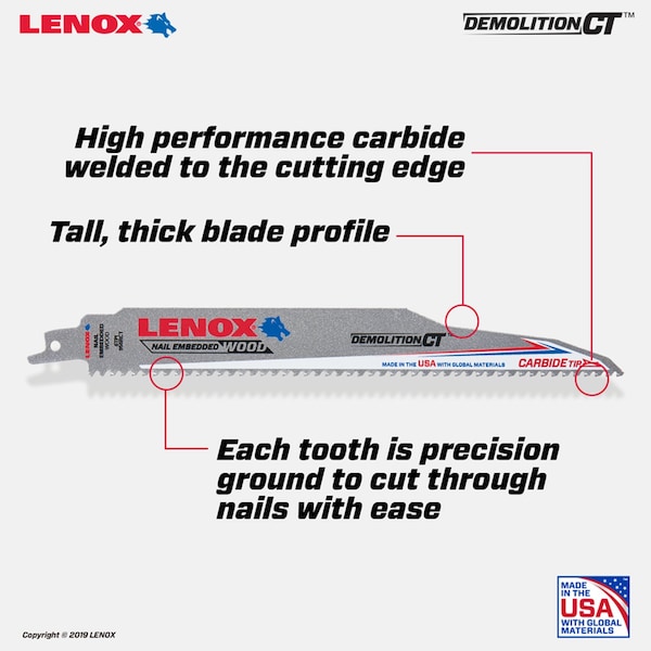 Irwin Lenox Demolition CT 9 in. Carbide Tipped Reciprocating Saw Blade 6 TPI 1 pc - 1832143