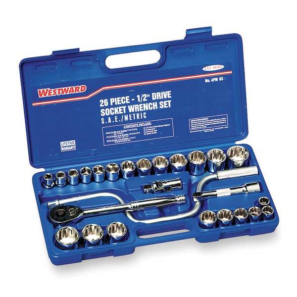 Westward 1/2" Drive Socket Wrench Set SAE, Metric 26 Pieces 14 mm to 32 mm, 7/16 in to 1 1/4 in , Chrome - 4PM03