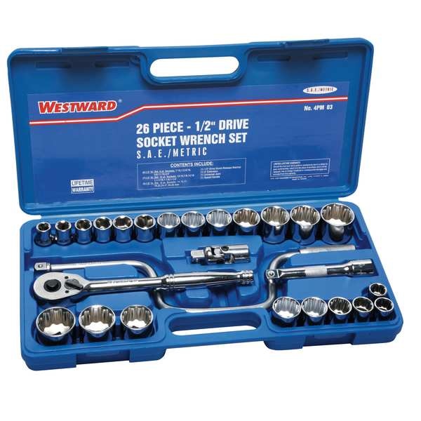 Westward 1/2" Drive Socket Wrench Set SAE, Metric 26 Pieces 14 mm to 32 mm, 7/16 in to 1 1/4 in , Chrome - 4PM03