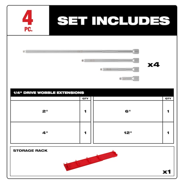 Milwaukee Tool Socket Extension Set 1/4 in Dr, 14 in L, 4 Pieces, Chrome - 48-22-9350