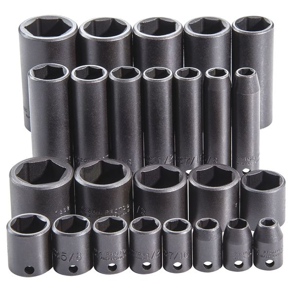 Proto Impact Socket Set, 3/8 in Drive Size, SAE, Black Oxide, 25-Piece - J72125