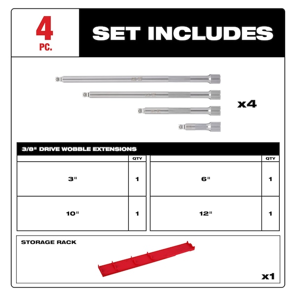 Milwaukee Tool Socket Extension Set 3/8 in Dr, 16 in L, 4 Pieces, Chrome - 48-22-9351