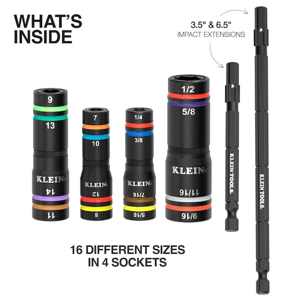 Klein Tools KNECT Quad-16 Heavy-Duty Impact Flip Sockets, SAE and Metric, 4-Piece - 654QS