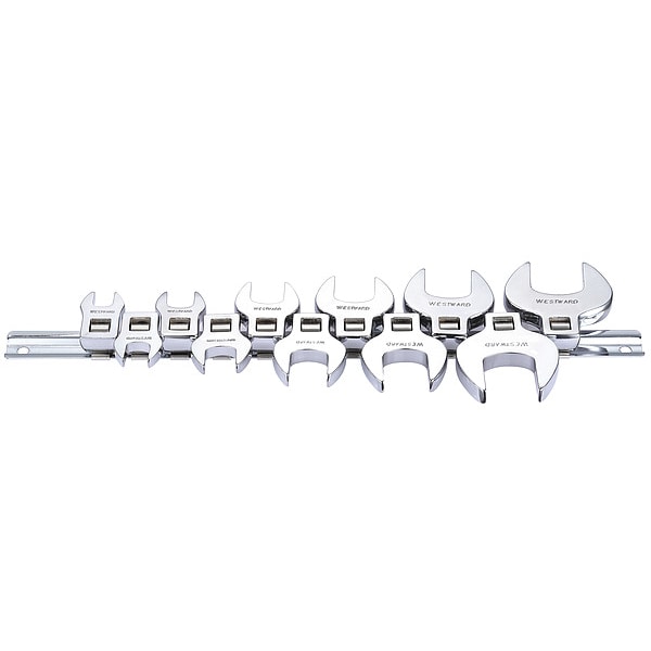 Westward 3/8" Drive Crowfoot Socket Wrench Set, SAE, 11 pcs, Open End, Chrome - 54PR33