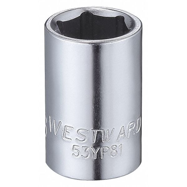 Westward WESTWARD 1/4 in Drive, 3/8" Hex SAE Socket, 6 Points, Steel, Chrome, 3/8 in - 53YP81