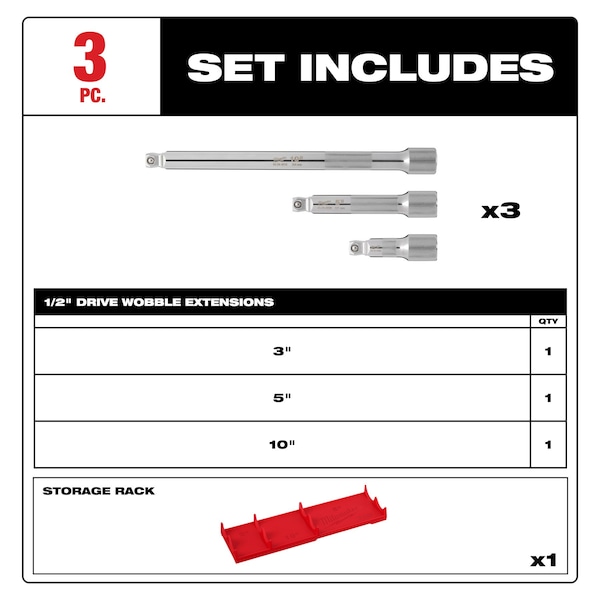 Milwaukee Tool Socket Extension Set 1/2 in Dr, 10 in L, 3 Pieces, Chrome - 48-22-9352