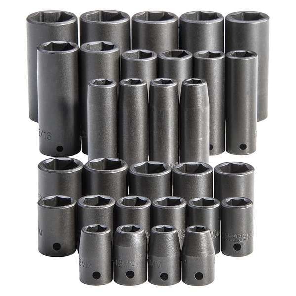 Proto Impact Socket Set, 1/2 in Drive Size, SAE/Metric, Black Oxide, 30-Piece - J54215