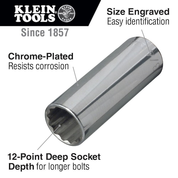 Klein Tools 1/2" Drive, 11/16" SAE Socket, 12 Points, 11/16-Inch Deep 12-Point  1/2-Inch Drive - 65828
