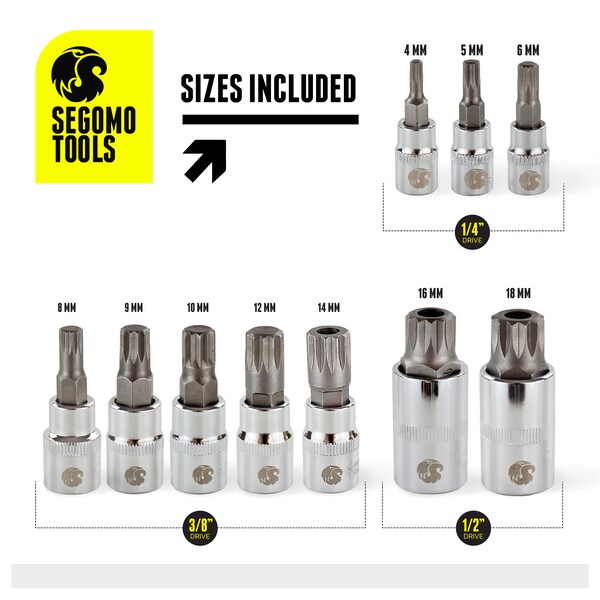 Segomo Tools 10 Piece Mixed Drive Metric XZN Triple Square Spline Bit Socket Set - 9015217B