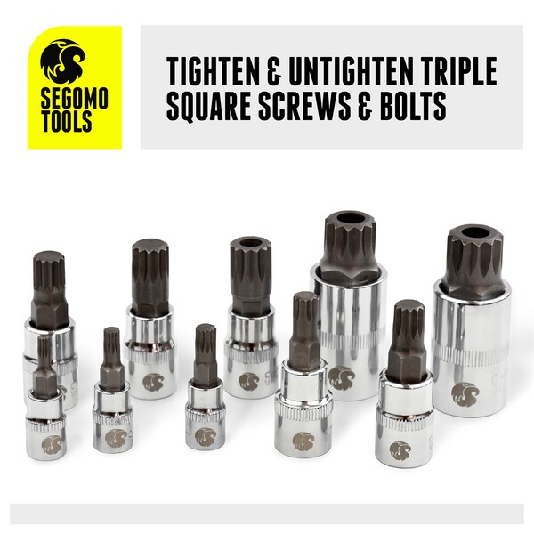 Segomo Tools 10 Piece Mixed Drive Metric XZN Triple Square Spline Bit Socket Set - 9015217B