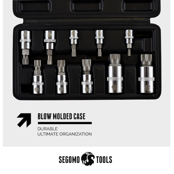 Segomo Tools 10 Piece Mixed Drive Metric XZN Triple Square Spline Bit Socket Set - 9015217B