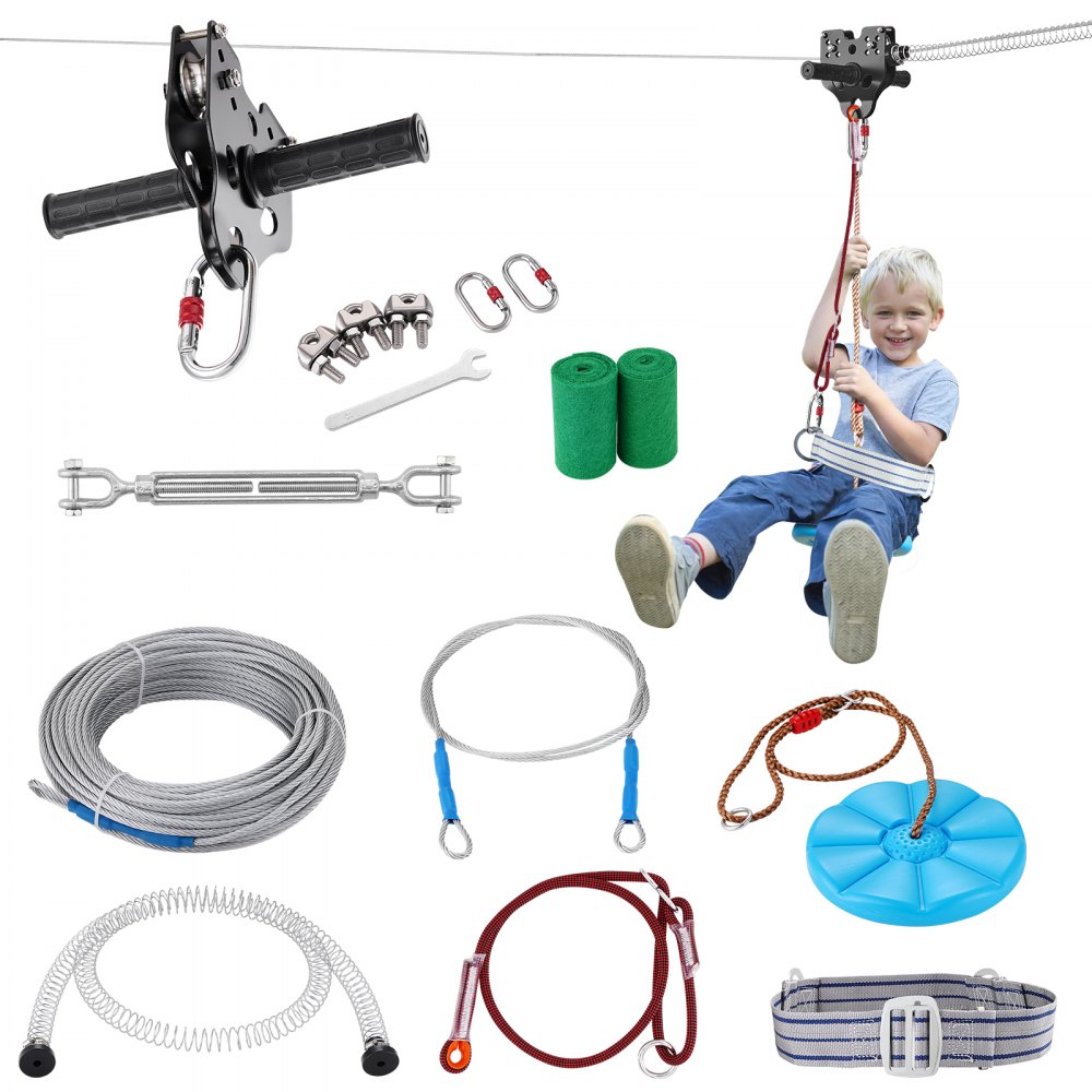 VEVOR Zipline Kit for Kids and Adult, 80 ft Zip Line Kits Up to 500 lb, Backyard Outdoor Quick Setup Zipline, Playground Entertainment with Stainless Steel Zipline, Spring Brake, Safety Harness, Seat - BXGHSTJ80YCBRY0IBV0