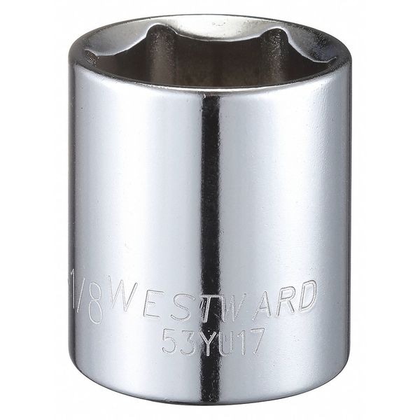 Westward WESTWARD 1/2 in Drive, 1-1/8" Hex SAE, Socket, 6 Points, Steel, Chrome, 1 1/8 in - 53YU17