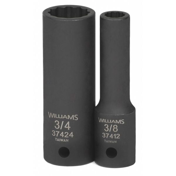 Williams 1/2" Drive Impact Socket Black Industrial, Deep 1/2" D, 3/8 12Pt - 37412