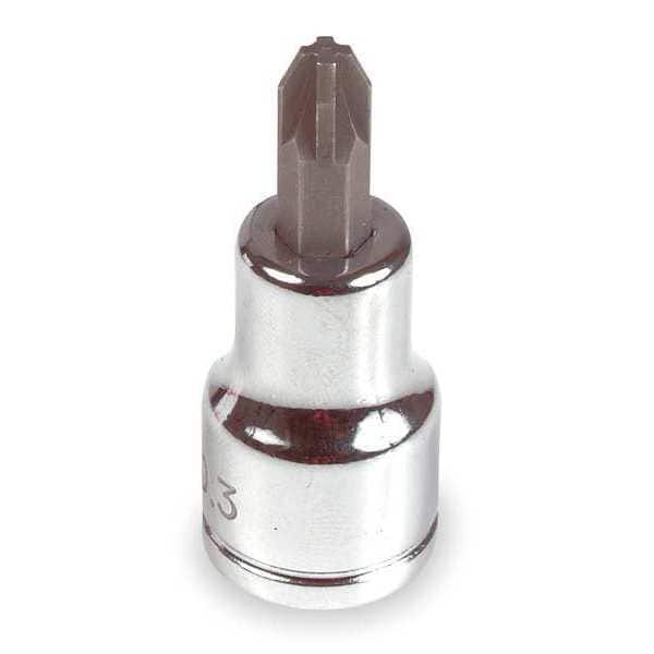 Westward 3/8" Dr, SAE Socket Bit, #1 Pozidriv, 4 Pts, Socket Bit, Steel, 3/8 in, TpSz #3 - 3LE36