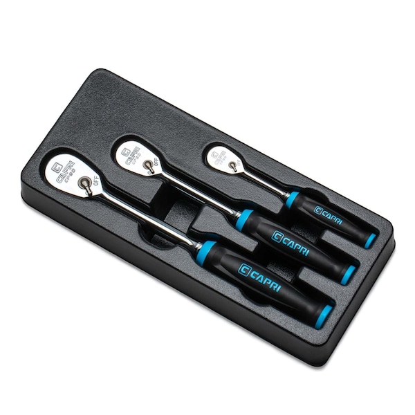 Capri Tools Fine 90-Tooth Ratchet Set, Ergonomic Soft Grip, 1/4, 3/8, 1/2 in. Drive, 3-Piece - CP90S-SET