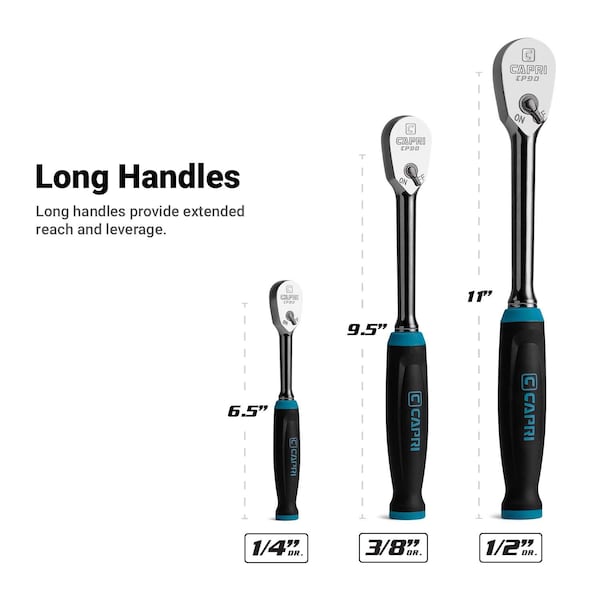 Capri Tools Fine 90-Tooth Ratchet Set, Ergonomic Soft Grip, 1/4, 3/8, 1/2 in. Drive, 3-Piece - CP90S-SET