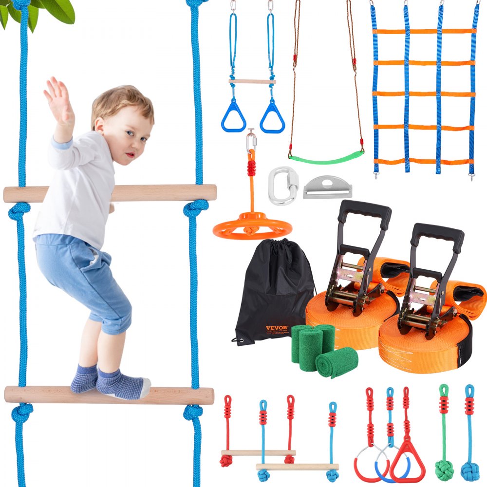 VEVOR Ninja Warrior Obstacle Course for Kids, 2 x 50 ft Weatherproof Slacklines, 500lbs Weight Capacity Monkey Line, Outdoor Playset Equipment, Backyard Toys Training Equipment Set with 12 Obstacles - RZX502YC10J052R10V0