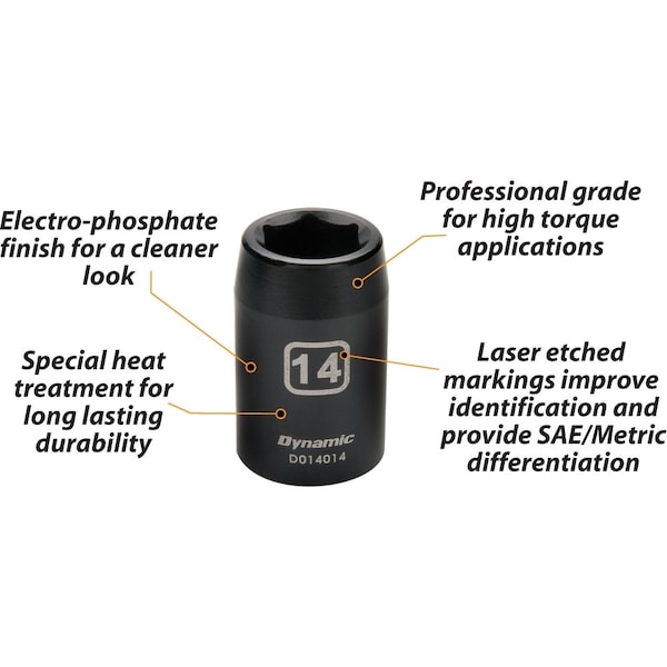 Dynamic 1/2" Drive Standard Socket, Black Phosphate, Tools 1/2" Drive 6 Point Metric, 22mm Standard Length - D014022