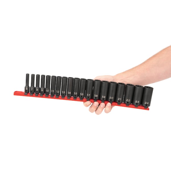 Tekton 3/8 Inch Drive Deep 12-Point Impact Socket Set with Rail, 19-Piece (6-24 mm) - SID91115