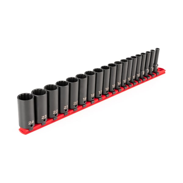 Tekton 3/8 Inch Drive Deep 12-Point Impact Socket Set with Rail, 19-Piece (6-24 mm) - SID91115