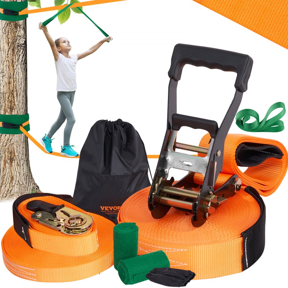 VEVOR Slackline Kit with Training Line, 60 ft Backyard Slack Line Equipment, Easy Setup Tight Rope for Kids Adults, Complete Slackline Set with Tree Protectors, Arm Trainer, Carry Bag, and Instruction - SCXTJ60YCSBX8AGABV0