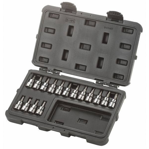 Westward 3/8" Drive Socket Bit Set, Metric, SAE, Torx, 16 pcs - 54TN67