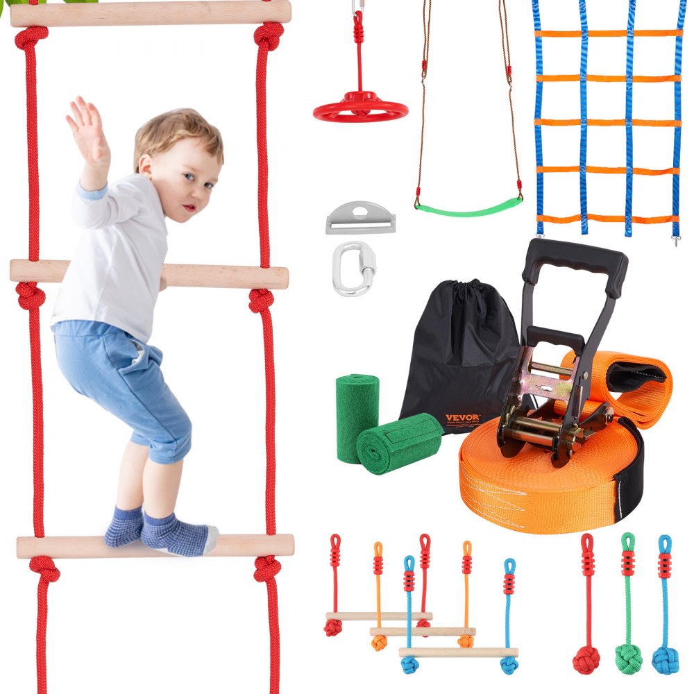 VEVOR Ninja Warrior Obstacle Course for Kids, 50 ft Weatherproof Slacklines, 500lbs Weight Capacity Monkey Line, Outdoor Playset Equipment, Backyard Toys Training Equipment Set with 10 Obstacles - RZX502YC9J003NWUAV0