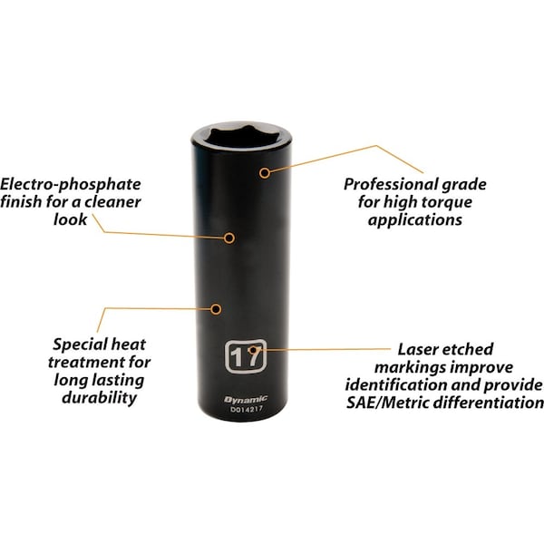 Dynamic 1/2" Drive Deep Socket, Black Phosphate, Tools 1/2" Drive 6 Point Metric, 19mm Deep Length - D014219