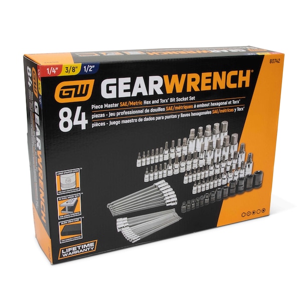 Gearwrench 84 Piece 1/4", 3/8" & 1/2" Drive Hex/Ball End Hex/Tamper Proof SAE/Metric Bit Set - 80742