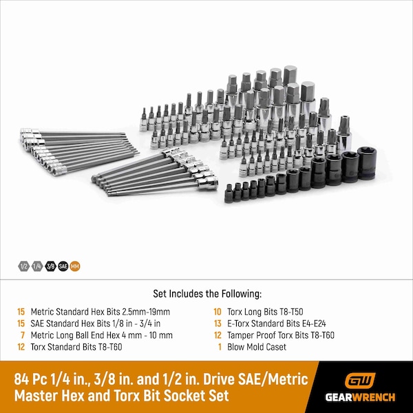 Gearwrench 84 Piece 1/4", 3/8" & 1/2" Drive Hex/Ball End Hex/Tamper Proof SAE/Metric Bit Set - 80742