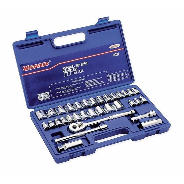 Westward 3/8" Drive Socket Wrench Set SAE, Metric 33 Pieces 1/4 in to 7/8 in, 6 mm to 22 mm , Chrome - 6XZ84
